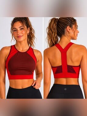 Athleta High Neck Colorblock Sports Bra Red Burgundy Racerback Athletic Crop Top